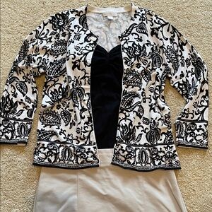 Charter Club Black and Cream Paisley Patterned Button Down Sweater 3/4 Sleeves